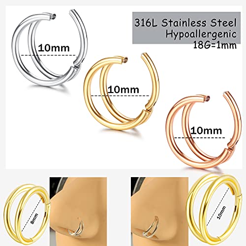 MILACOLATO 16G 18G Anillo Septum Clicker Acero Quirúrgico 316L 10MM 8MM Anillo Nariz Doble Piercing Helix Piercing Joyería Daith Pendientes Aro Conch Rook Helix Tragus Piercing Joyería para Mujer