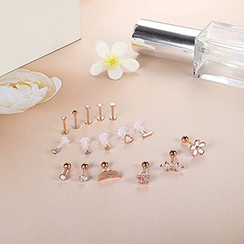 MILACOLATO Forward Helix Cartílago Tragus Pendientes Stud Acero Inoxidable Transparente Labio Nariz Anillos Labret Studs CZ Flores Hoja Ópalo Barbell Helix Cartílago Pendiente Piercing Jewelry 16G