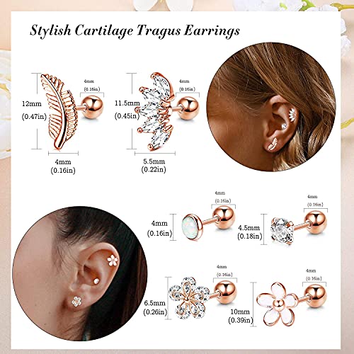 MILACOLATO Forward Helix Cartílago Tragus Pendientes Stud Acero Inoxidable Transparente Labio Nariz Anillos Labret Studs CZ Flores Hoja Ópalo Barbell Helix Cartílago Pendiente Piercing Jewelry 16G