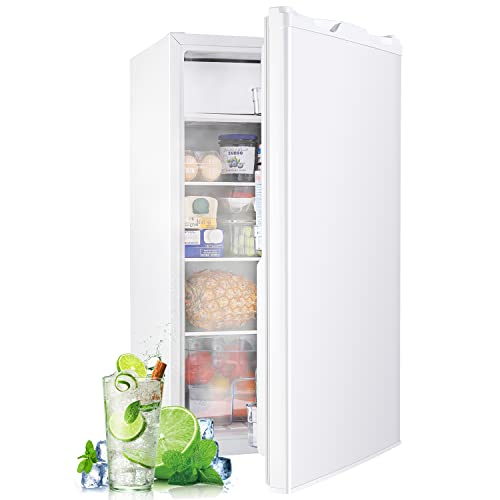 Mini Frigorífico con Congelador, 87L Nevera con Luz LED de Ahorro Energía, 7 Niveles de Temperatura, Mini Refrigerador para Dormitorio/Oficina/Apartamento