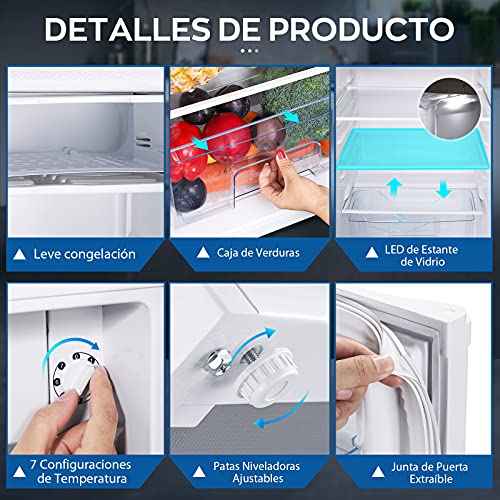 Mini Frigorífico con Congelador, 87L Nevera con Luz LED de Ahorro Energía, 7 Niveles de Temperatura, Mini Refrigerador para Dormitorio/Oficina/Apartamento