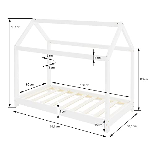 ML-Design Cama Infantil 80x160cm con Techo y Somier Estructura Listones de Madera de Pino Maciza Color Blanco Forma de Casita Diseño Creativo Mueble de Dormitorio Mobiliario Casa-Cama para Niños