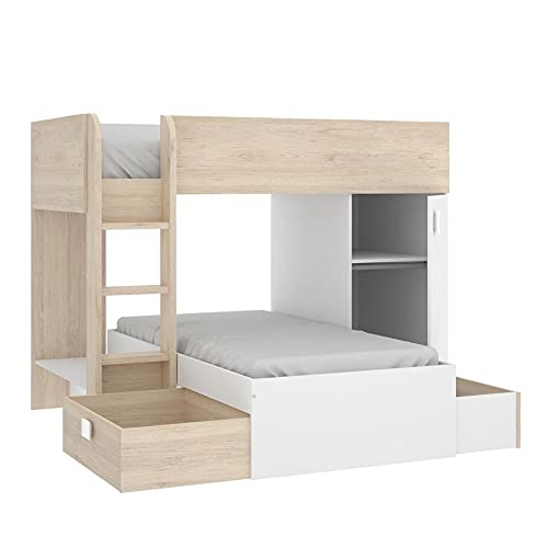 Mobelcenter - Cama Litera Tren Juvenil - Cama Tren Convertible Reversible Acabado Blanco y Natural - Armario y 2 Cajones - Ancho: 195-255 cm x Alto: 150 cm x Fondo: 199-109 cm - (1201)