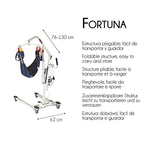 Mobiclinic, Grúa eléctrica, Fortuna, Marca Española, Soporta 135 kg, Arnés de Transferencia Incluido, Para Minusválidos, Personas Mayores, Estable, Acero, Segura, Ortopédica, Plegable, Fácil de Usar