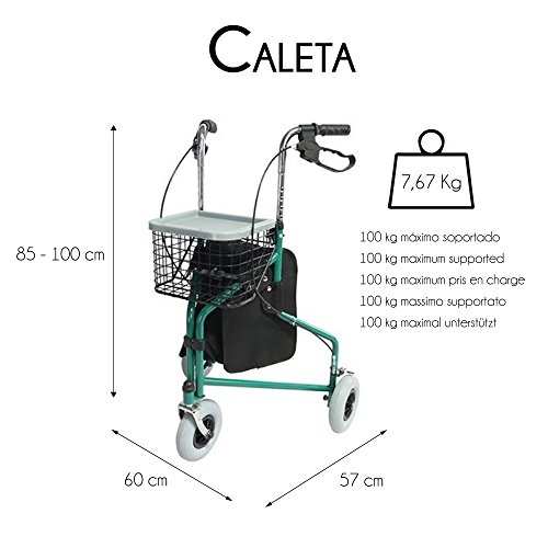 Mobiclinic, Modelo Caleta, Andador para adultos, Marca Española, para mayores, minusválidos o ancianos, de acero, ligero, plegable, con cesta y 3 ruedas, Color Verde