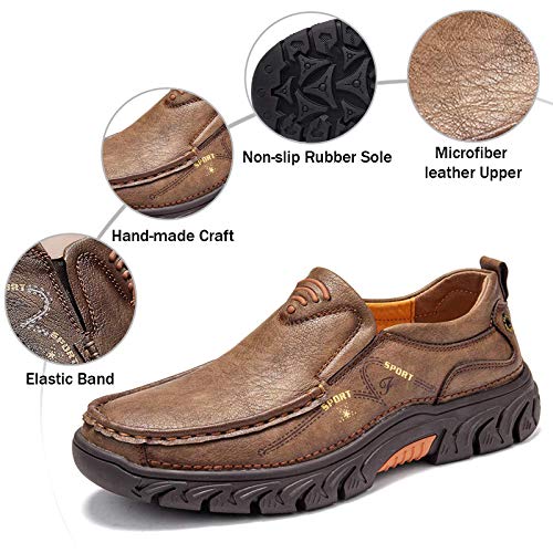 Mocasines de Piel para Hombre, Estilo Casual, Oxford, Costuras a Mano, cómodos,Caminar,Trabajo, Oficina, Zapatos Vestir, Antideslizantes,Verano,Barco, Punta Redonda, Ajuste Ancho Caqui 42 EU