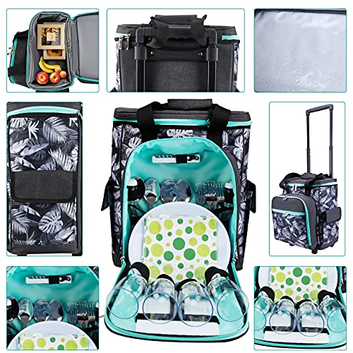 Mochila de Picnic de 21L para 4 Personas, Mochila Aislada Tipo Carro con 4 Juegos de Vajilla Mochila con Ruedas Aislada con Correa de Mano, Impermeable, Tapete de Picnic, Apta para Camping y Picnic