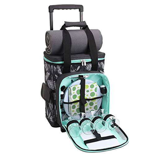 Mochila de Picnic de 21L para 4 Personas, Mochila Aislada Tipo Carro con 4 Juegos de Vajilla Mochila con Ruedas Aislada con Correa de Mano, Impermeable, Tapete de Picnic, Apta para Camping y Picnic