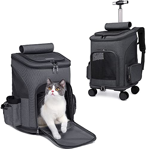 Mochila de viaje, bolsa de transporte con ruedas para perro, gato, maleta con ruedas para mascotas, asa telescópica, para viaje, camping, senderismo en tren, coche o avión (negro)