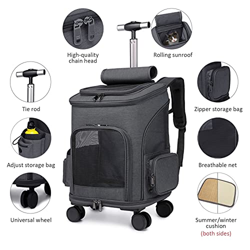 Mochila de viaje, bolsa de transporte con ruedas para perro, gato, maleta con ruedas para mascotas, asa telescópica, para viaje, camping, senderismo en tren, coche o avión (negro)