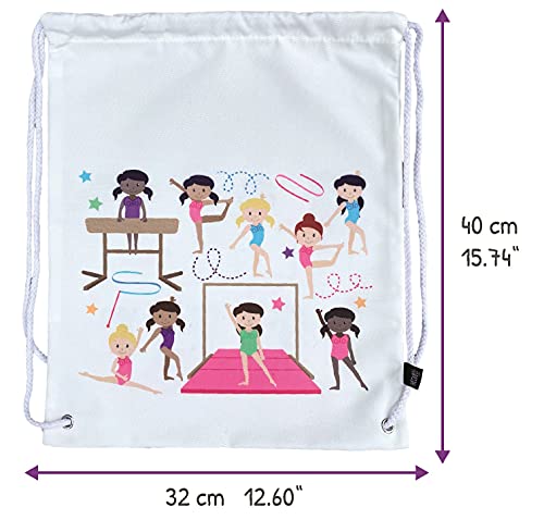 Mochila HECKBO® para niñas, Bolsa de Ballet de algodón - Color Blanco, Estampada por Ambos Lados con gimnastas de Colores, 40 x 30 cm, también Adecuado para Clases de Gimnasia, el jardín de Infancia