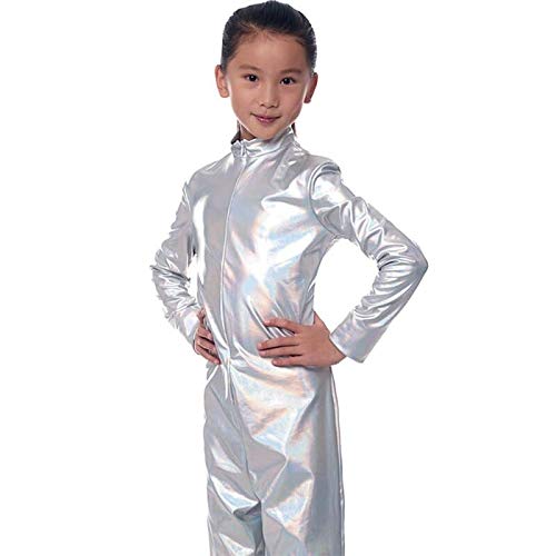 Mono Maillot Cuerpo Entero Niños Unisex Metalizado Plateado【Tallas Infantiles 3 a 12 años】[Talla 5-6] Disfraz Segunda Piel con Cremallera Danza Baile Carnaval Halloween