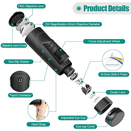 Monocular Telescopio Potente AUCRSOZK 12x42 HD Compacto Starscope Monoculares de Largo Alcance con BAK4 FMC Prisma para Observación De Aves Caza Senderismo Viajeo Exterior - Negro