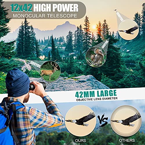 Monocular Telescopio Potente AUCRSOZK 12x42 HD Compacto Starscope Monoculares de Largo Alcance con BAK4 FMC Prisma para Observación De Aves Caza Senderismo Viajeo Exterior - Negro