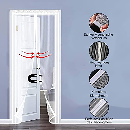 Mosquitera Puerta Magnetica 90x210 cm ,La atracción magnética está cerrada, los niños y las mascotas no tienen barreras,No es necesario perforar,para Balcón Puerta Corredera de Patio（Blanco）