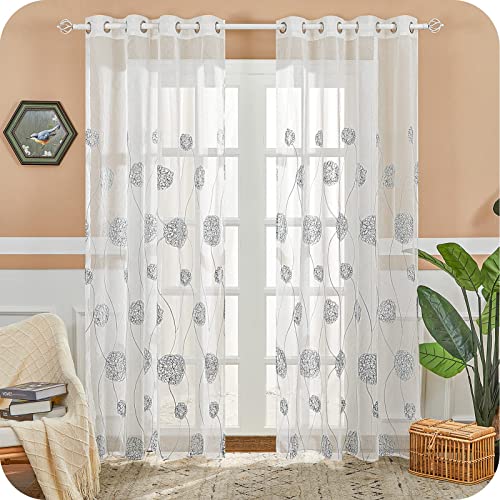 MRTREES Cortinas Bordadas Translucidas de Dormitorio 2 Piezas 140x145cm Visillos Cortos Hortensia Gris con Ojales para Ventanas Salon Moderno Habitacion Juvenil Infantil Comedor Sala Cuarto Cocina