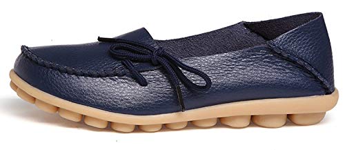 Mujer Mocasines de Cuero Moda Loafers Casual Zapatos de Conducción Cómodos Zapatillas del Barco Planos Sandalias para Caminar, A Azul Oscuro, 43 EU