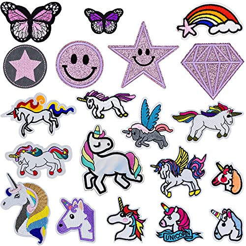 MUSEDAY 20 parches de unicornio mezclados para planchar, coloridos para ropa, parches para niños, parches bordados, apliques adhesivos para camiseta, bolsa de ropa, chaqueta, mochila y zapatos