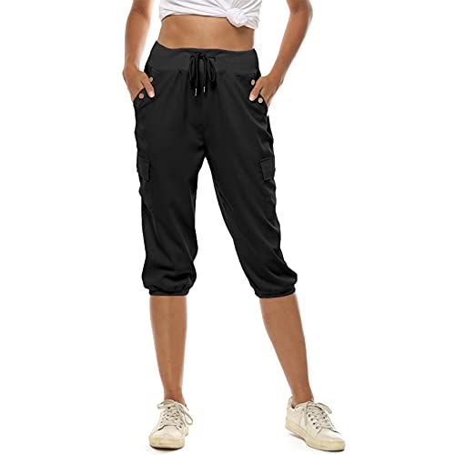 MUYOGRT Pantalones pirata para mujer, pantalones de deporte 3/4, pantalones de verano, pantalones de sudadera, elegantes, monocolor, holgados, elásticos, con cordón, A-negro., M