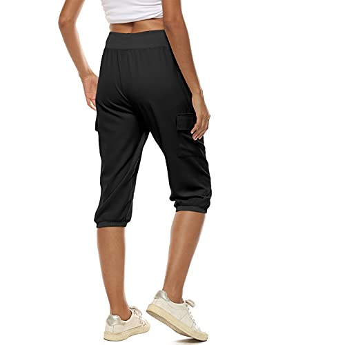 MUYOGRT Pantalones pirata para mujer, pantalones de deporte 3/4, pantalones de verano, pantalones de sudadera, elegantes, monocolor, holgados, elásticos, con cordón, A-negro., M