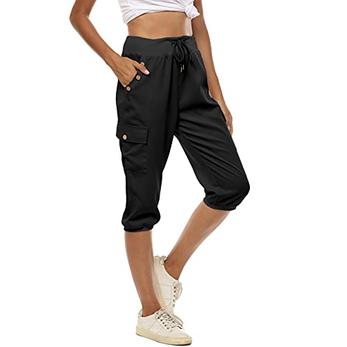 MUYOGRT Pantalones pirata para mujer, pantalones de deporte 3/4, pantalones de verano, pantalones de sudadera, elegantes, monocolor, holgados, elásticos, con cordón, A-negro., M