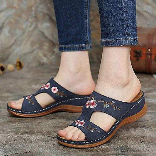 MUYOGRT Sandalias con Plataforma para Mujer Bordadas Mules Cómodos Zapatillas Sandalias de Cuña sin Espalda Verano Antideslizante Ortopédica Vintage Sandalias con Punta Abierta(Azul，37 EU)