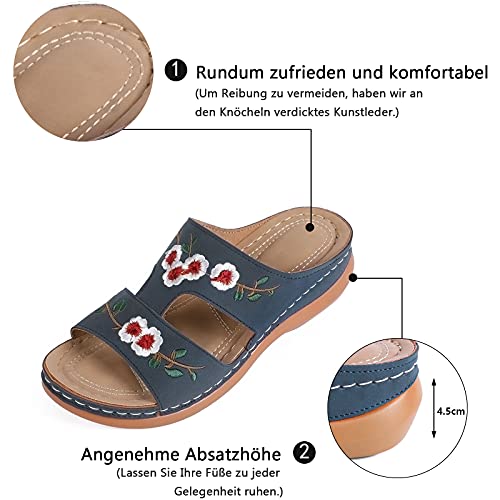 MUYOGRT Sandalias con Plataforma para Mujer Bordadas Mules Cómodos Zapatillas Sandalias de Cuña sin Espalda Verano Antideslizante Ortopédica Vintage Sandalias con Punta Abierta(Azul，37 EU)