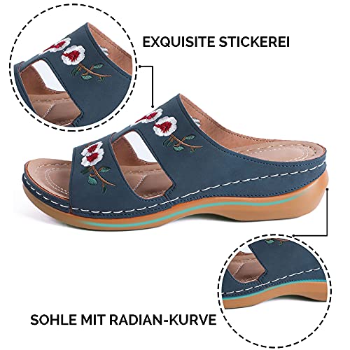 MUYOGRT Sandalias con Plataforma para Mujer Bordadas Mules Cómodos Zapatillas Sandalias de Cuña sin Espalda Verano Antideslizante Ortopédica Vintage Sandalias con Punta Abierta(Azul，37 EU)