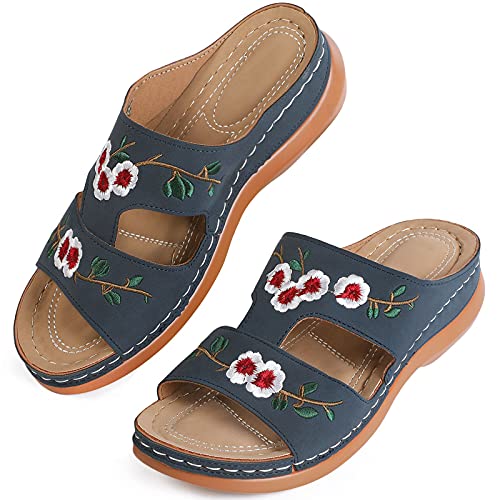 MUYOGRT Sandalias con Plataforma para Mujer Bordadas Mules Cómodos Zapatillas Sandalias de Cuña sin Espalda Verano Antideslizante Ortopédica Vintage Sandalias con Punta Abierta(Azul，37 EU)