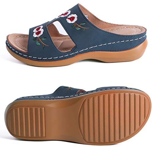 MUYOGRT Sandalias con Plataforma para Mujer Bordadas Mules Cómodos Zapatillas Sandalias de Cuña sin Espalda Verano Antideslizante Ortopédica Vintage Sandalias con Punta Abierta(Azul，37 EU)