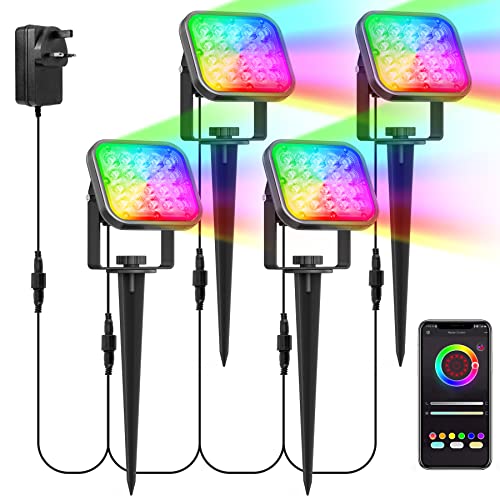 NATPOW RGB bajo voltaje Paisaje Focos con Bluetooth APP, control remoto, IP65 impermeable que cambia de color decorativo para jardín, césped, camino, camino