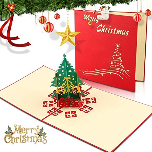 Navidad Tarjetas,Tarjetas de Navidad 3D,Navidad Tarjeta de felicitación Pop Up Regalo Tarjeta con Sobres, para Navidad, sobres incluidos, tarjeta de regalo de chrismas (Arbol de navidad rojo)