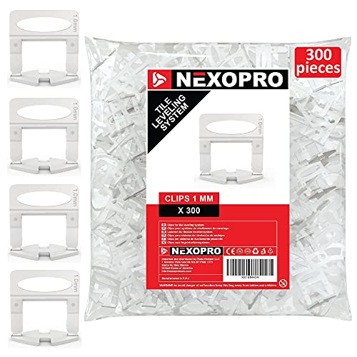 NEXOPRO™ – Kit de Nivelación de Azulejos – 300 Clips/Espaciadores (1 mm) – Sistema de Autonivelación Reutilizable para poner Azulejos – Fácil de Usar – Resultado Profesional – Suelo y Pared