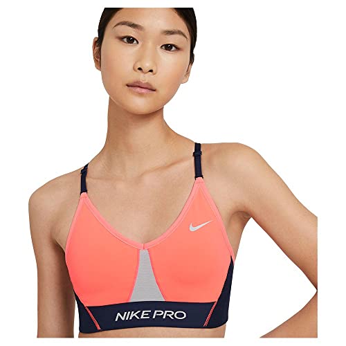 NIKE Indy Pro CLN Bra Sports, Bright Mango/lt Smoke Grey/Midnight Navy/(Metallic Silver), L Womens