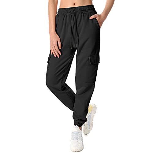 Niwicee Pantalón Deporte Pare Mujer Pantalones Cargo Mujer Algodón Pantalones Chandal con 4 Bolsillos y Cordón para Yoga Fitness Jogger Casual (Negro, L)