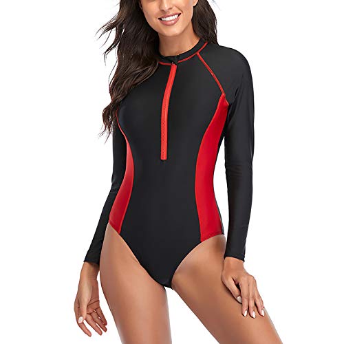 NNAA Traje de baño retro elegante de manga larga de una pieza con cremallera, cuello alto, deportivo, bikini, protección UV, traje de surf, buceo, triángulo rojo L