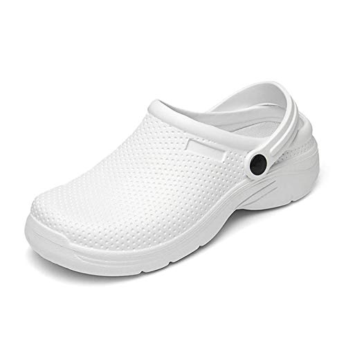 NUHEEL Zuecos para Mujer Zapatillas Ahuecadas Mocasines Nuse Enfermería Impermeable Mula Confort Sandalias Cuña Resbalón Playa Verano Antideslizante Caminar Zapatos Planos Informales Blanco 41 EU