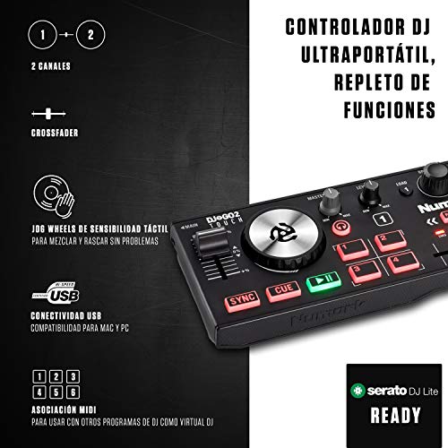 Numark DJ2GO2 Touch - Controlador DJ USB compacto de 2 canales para Serato DJ con mezclador / crossfader, interfaz de audio y jog wheels de sensibilidad táctil