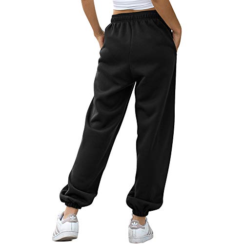 Nuofengkudu Mujer Harem Térmicos Jogging Pantalones Forro Polar con Bolsillos Elastica Cintura Alta Comodo Llanura Largos Pantalón Deportiva Jogger Pants Sweatpants Casual Ropa de Casa(Lana-Negro,M)