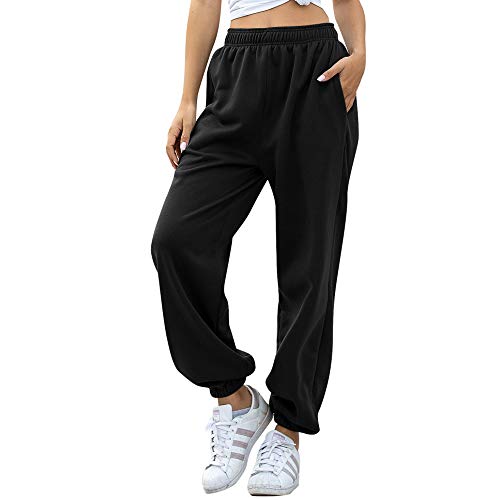 Nuofengkudu Mujer Harem Térmicos Jogging Pantalones Forro Polar con Bolsillos Elastica Cintura Alta Comodo Llanura Largos Pantalón Deportiva Jogger Pants Sweatpants Casual Ropa de Casa(Lana-Negro,M)