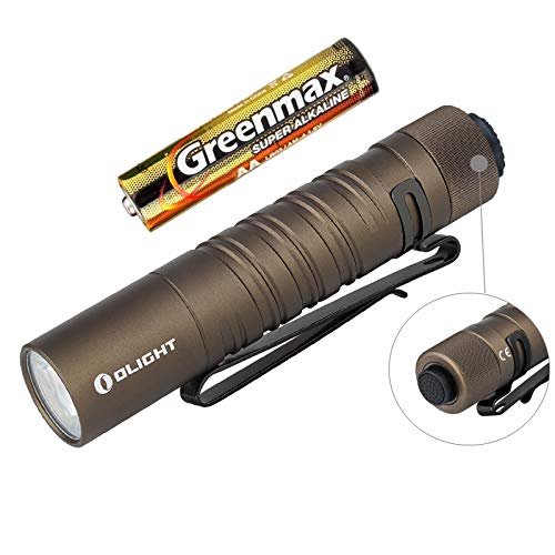 Olight I5T EOS - Linterna EDC 300 lúmenes / 60 metros LED blanco frío, linterna LED pequeña, con batería AA + funda de batería (Desert Tan)