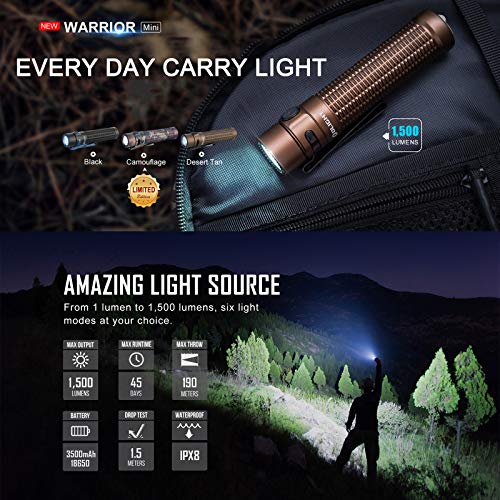 OLIGHT Warrior Mini Linterna Tactica Recargable USB 1500 lúmenes Blanca Fría, Linterna LED Militar Policía Camping Impermeable de 6 Modos, Batería 18650 y caja de batería Tidusky (Desert Tan)