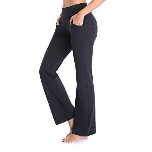 Ollrynns Pantalones de Yoga Mujer Cintura Alta Bootcut Pierna Ancha Deportivos Pantalón de Piltes con Bolsillos para Yoga Fitness Gym N151（Negro,L）