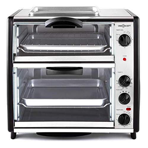 oneConcept All-You-Can-Eat Horno eléctrico doble - 2 cámaras de cocción, Parrilla superior, Capacidad Total 42 L, 2400 W, Temperatura: 60-240°C, Temporizador, Acero inoxidable, Plateado