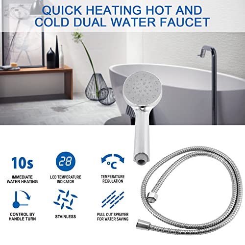 Onmancy Grifo de lavabo con ducha extraíble, cabezal eléctrico y agua caliente instantánea con LED con indicador de temperatura, enchufe UE