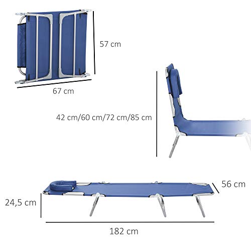 Outsunny Tumbona Reclinable y Plegable de Jardín con Orificio de Lectura Reposacabezas y Respaldo Ajustable en 5 Niveles para Playa 182x56x24,5 cm Azul