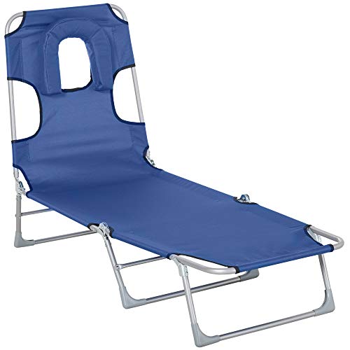 Outsunny Tumbona Reclinable y Plegable de Jardín con Orificio de Lectura Reposacabezas y Respaldo Ajustable en 5 Niveles para Playa 182x56x24,5 cm Azul