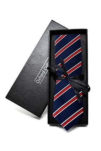 Oxford Collection Corbata de hombre Azul y Rojo a Rayas - 100% Seda - Clásica, Elegante y Moderna - (ideal para un regalo, una boda, con un traje, en la oficina.)