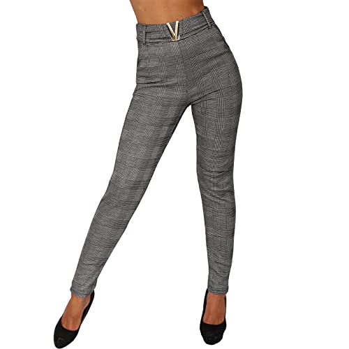 P8405 - Pantalones térmicos para mujer, cintura alta, diseño de cuadros, Gris 78077, S