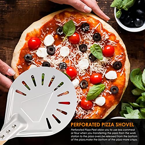 Pala perforada para pizza de aluminio de 17,2 cm, pala para pizza de aluminio con mango de madera, para hacer pizza, pan casero